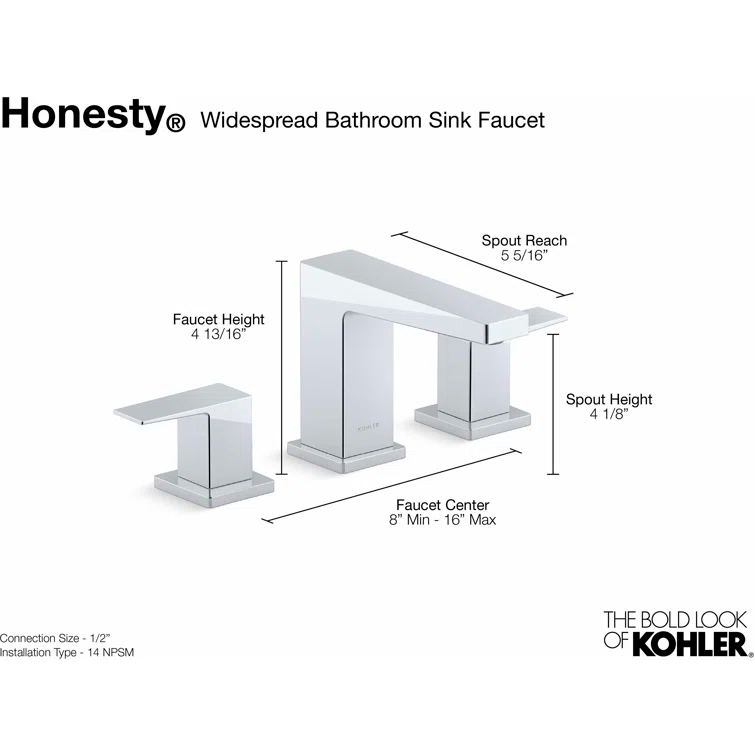 Kohler Honesty Widespread Bathroom Faucet with Pop-Up Drain Assembly, 3-Hole 2-Handle Bathroom Sink Faucet, 1.2 gpm