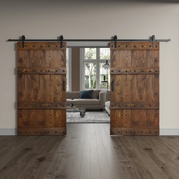 Castle Series Pine Wood Double Sliding Barn Door with Hardware Kit