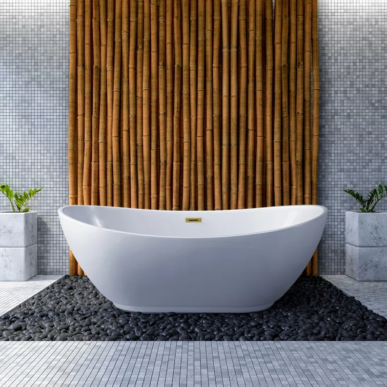62" Streamline Freestanding Soaking Acrylic Bathtub With Drain and Bamboo Tray