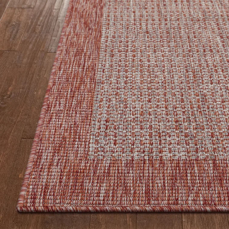 Marshanna Odin Solid Striped Border Indoor Outdoor Coral Flatweave Rug