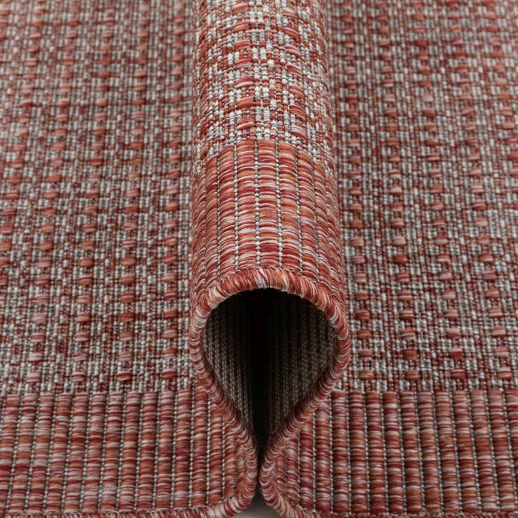 Marshanna Odin Solid Striped Border Indoor Outdoor Coral Flatweave Rug