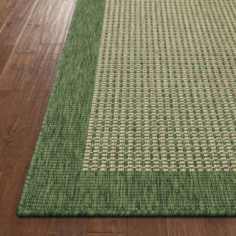 Marshanna Odin Solid Striped Border Indoor Outdoor Green Flatweave Rug