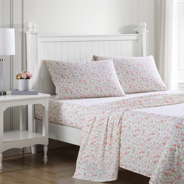Laura Ashley Norella 100% Cotton Percale- 4 Piece- Sheet Set  Pink- Full