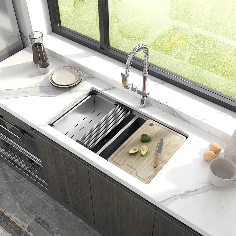 Sinber 33" Undermount Double Bowl Workstation Kitchen Sink with 304 Stainless Steel