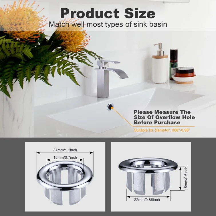 iVIGA K1003C-2 2 Pack Sink Overflow Ring Bathroom Kitchen Sink Basin Trim Overflow Cover Hole Insert Cap (Set of 2)