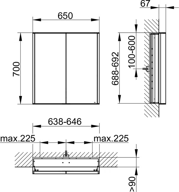 KEUCO 12811 171351 Royal Match W 27.56'' H Recessed Frameless Medicine Cabinet Mirror 6 Adjustable