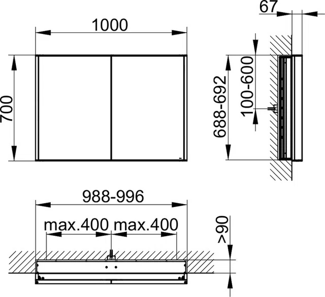 KEUCO 12813 171351 Royal Match W 27.56'' H Recessed Frameless Medicine Cabinet Mirror 6 Adjustable