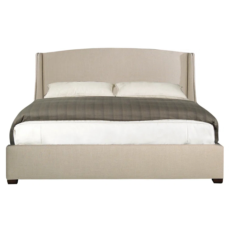 California King Beige Upholstered Wood Frame Bed with Nailhead Trim