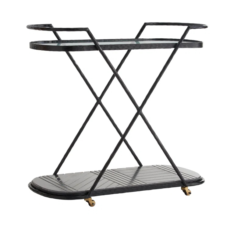 Nakoa Art Deco Blackened Iron and Marble Bar Cart with Glass Top