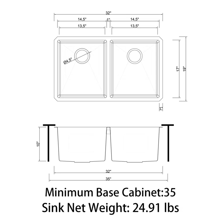 Sinber 32" x 19" Undermount Double Bowl Kitchen Sink with 18 Gauge 304 Stainless Steel Satin Finish