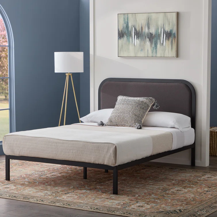 Brookside Metal Bed Frame with Rounded Upholstered Headboard