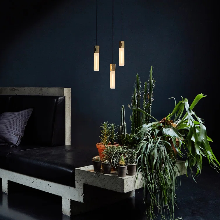 Basalt Brass Triple Pendant Light with Mouth Blown Glass Shades