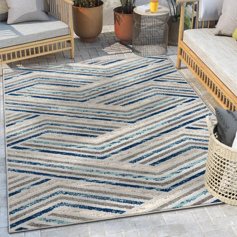 Neema Modern Chevron Striped Indoor/Outdoor Grey Blue High-Low Rug
