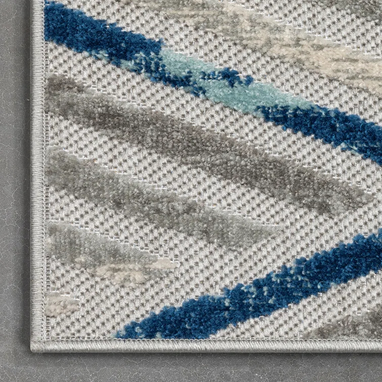 Neema Modern Chevron Striped Indoor/Outdoor Grey Blue High-Low Rug
