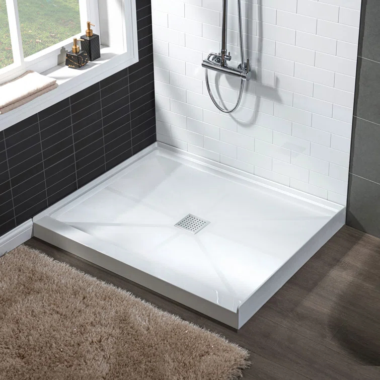 36" Solid Surface Square Single Threshold Shower Pan Base with Drain Assembly & Drain Cover Included, Non-Slip