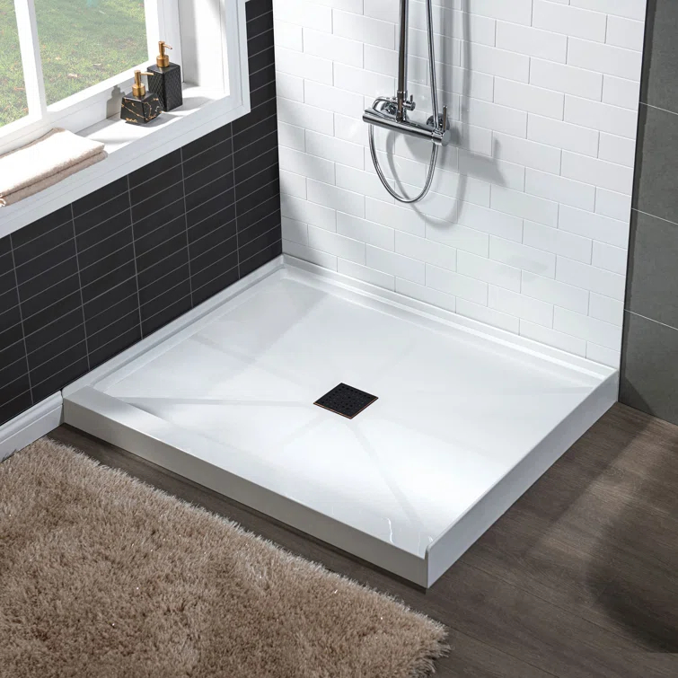 36" Solid Surface Square Single Threshold Shower Pan Base with Drain Assembly & Drain Cover Included, Non-Slip