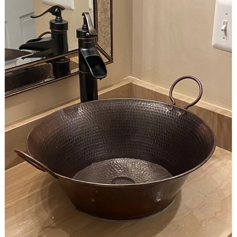 16" Rustic Circular Copper Vessel Bathroom Sink with Handles