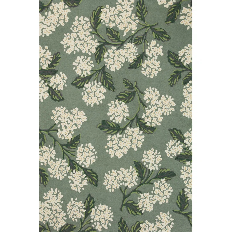 Rifle Paper Co. x Loloi Floral Handmade Looped Wool Area Rug in Hydrangea Sage