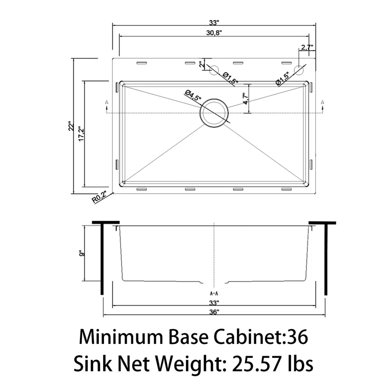 Sinber 33" x 22" Drop In Single Bowl Kitchen Sink with 18 Gauge 304 Stainless Steel Finish