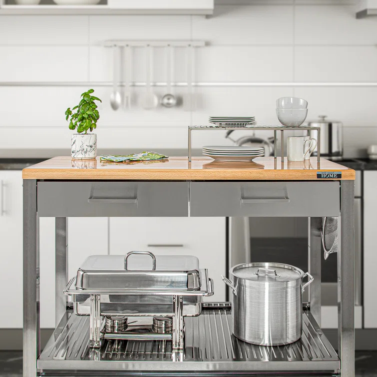 48'' Wide Stainless Steel Kitchen Rolling Cart Island with Solid Wood Top