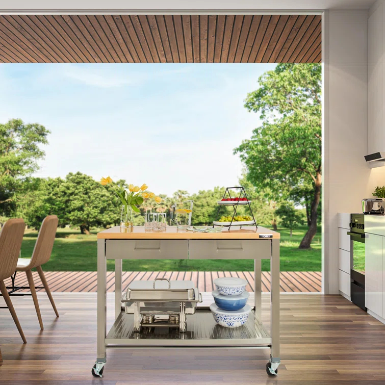 48'' Wide Stainless Steel Kitchen Rolling Cart Island with Solid Wood Top