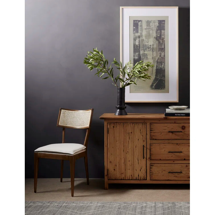Elegant Linen and Cane Wood Dining Chair in Rich Brown