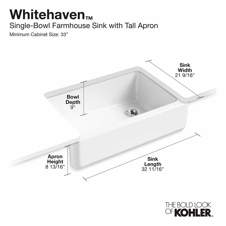 Whitehaven® 33" x 22" Self-Trimming Under-Mount Single-Bowl Kitchen Sink with Tall Apron