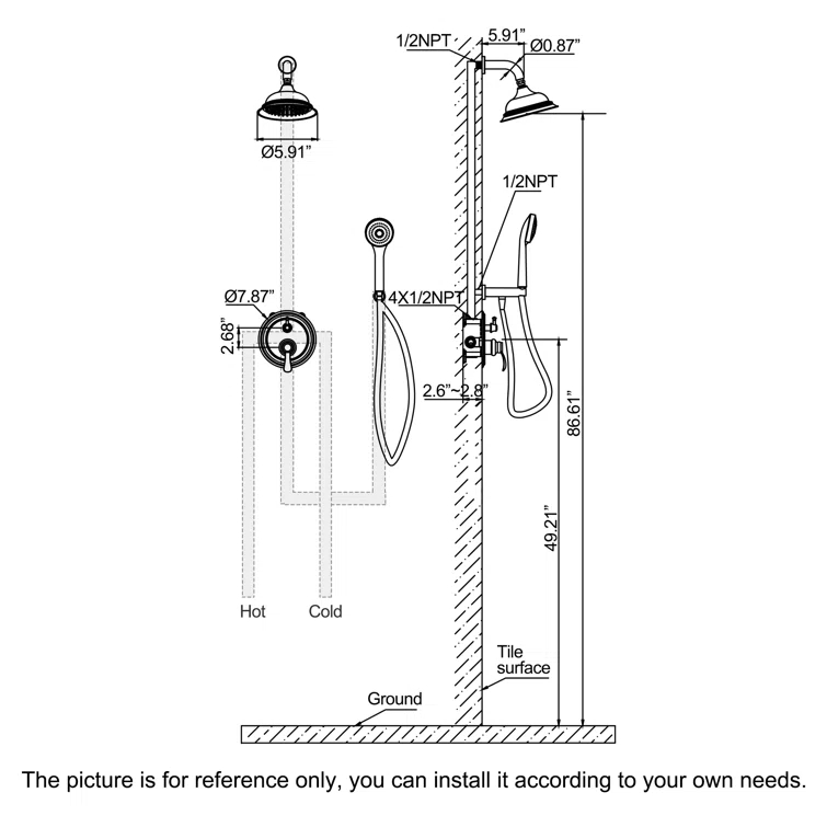 Complete Wall Mount Rainfall Shower System With RoundHandheld Spray