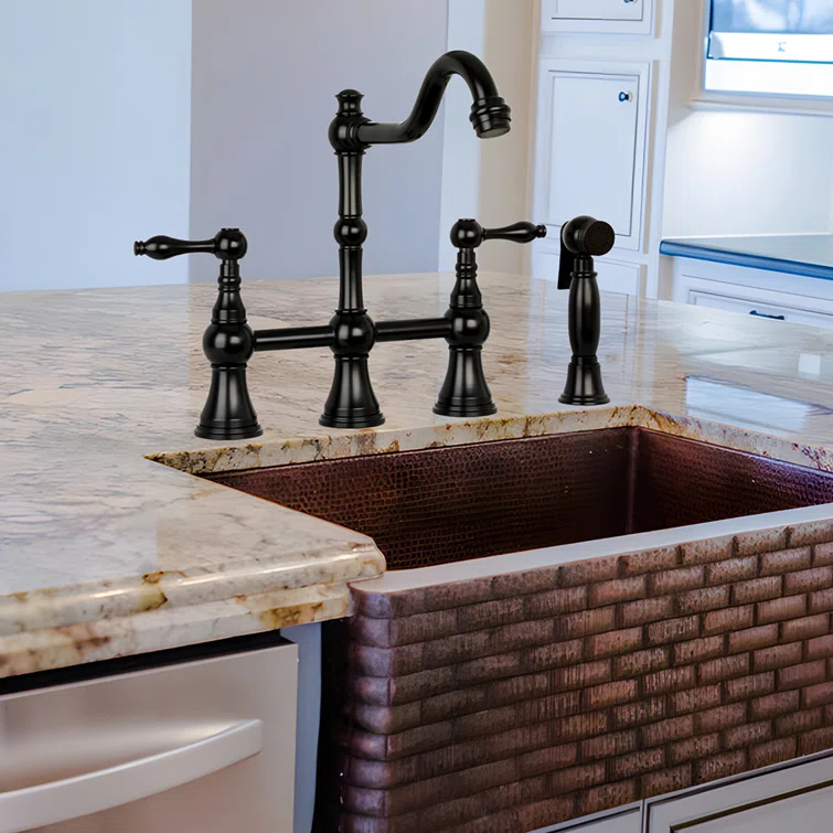 Brass Heritage Bridge Kitchen Faucet with Side Spray 2 Handles