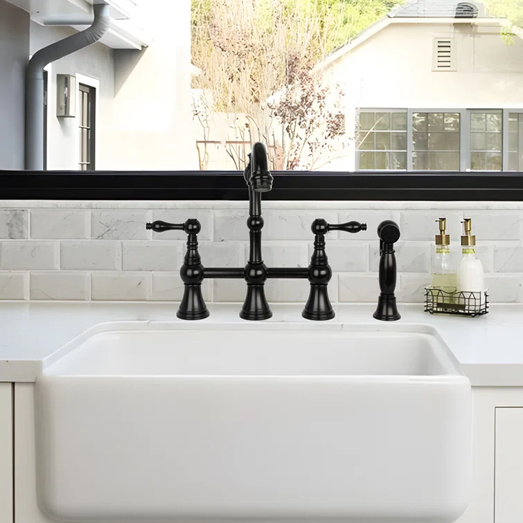 Brass Heritage Bridge Kitchen Faucet with Side Spray 2 Handles