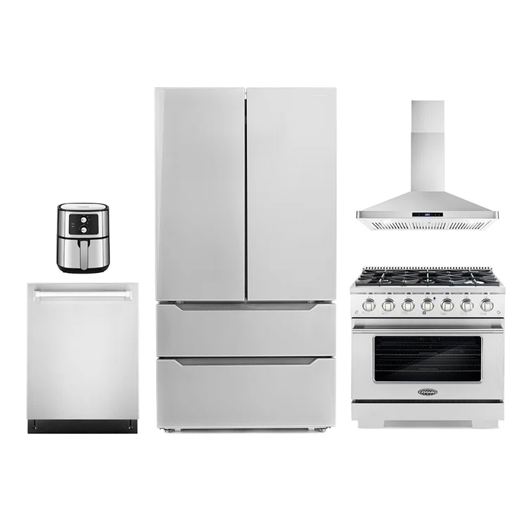 5 Piece Kitchen Package with 36" Freestanding Gas Range36" Wall Mount Range Hood 24" Built-in Fully Integrated Dishwasher,French Door Refrigerator & 5.5L Electric Hot Air Fryer