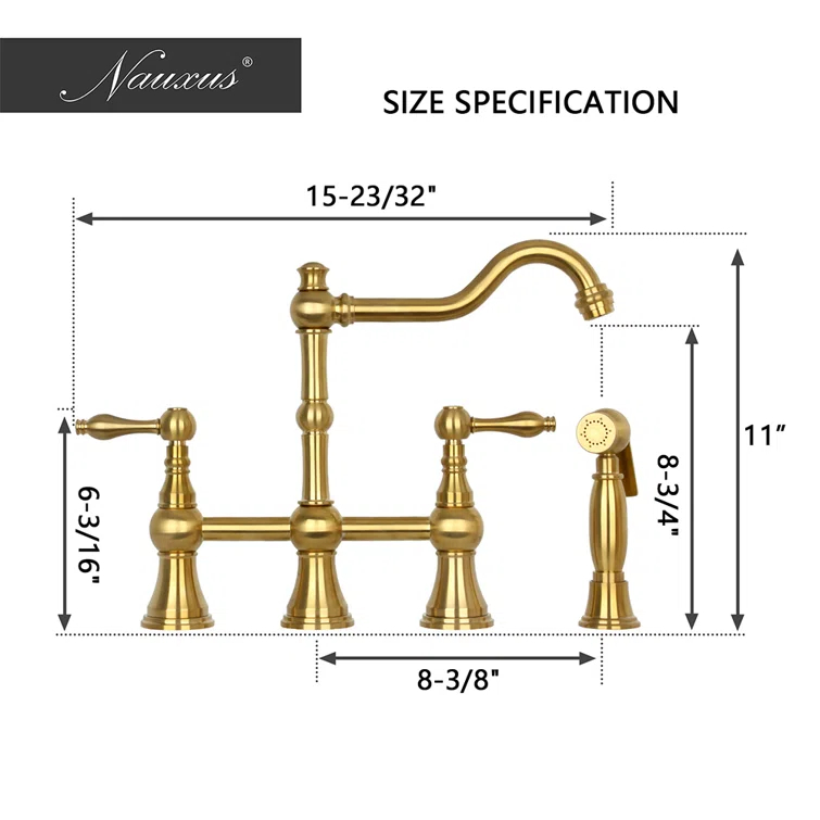 Brass Heritage Bridge Kitchen Faucet with Side Spray 2 Handles