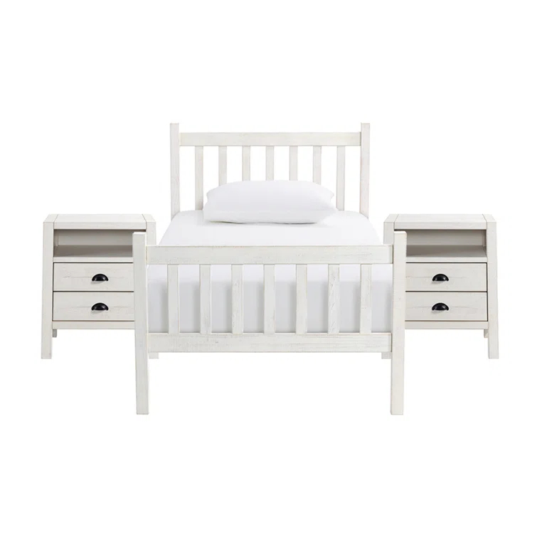 Windsor Wood Farmhouse Industrial Bohemian Style 3 Pc Bedroom Set With Slat Twin Bed 2 Nightstands