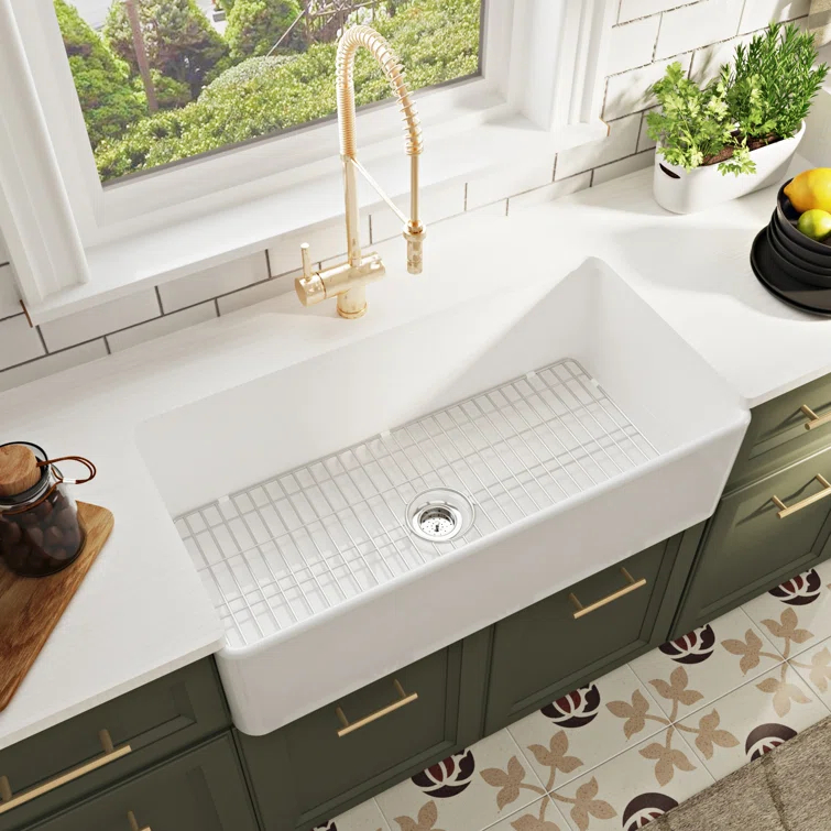 Grove 33" L X 18" W Rectangular Single Bowl Fireclay Farmhouse Kitchen Sink with Grid and Strainer