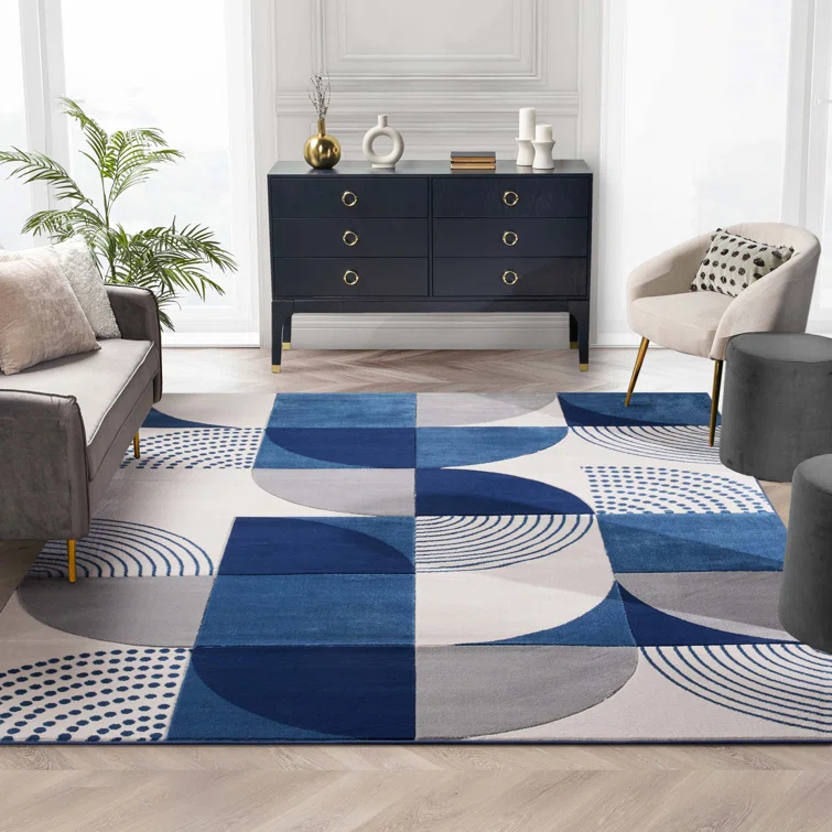 Clyte Blue Modern Geometric Boxes Lines 3D Textured Rug