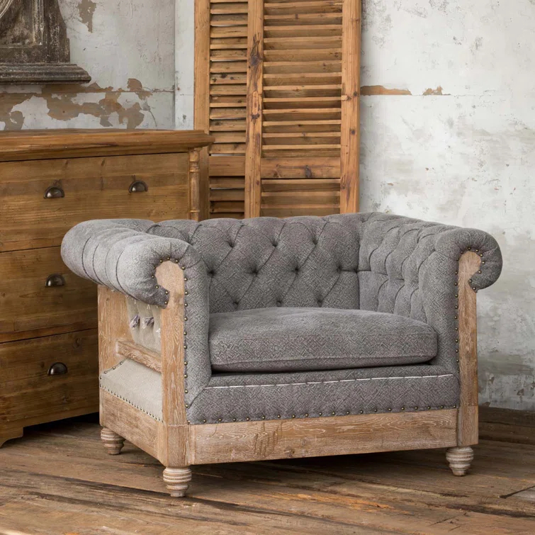 Gray Handcrafted Wood Chesterfield Accent Chair