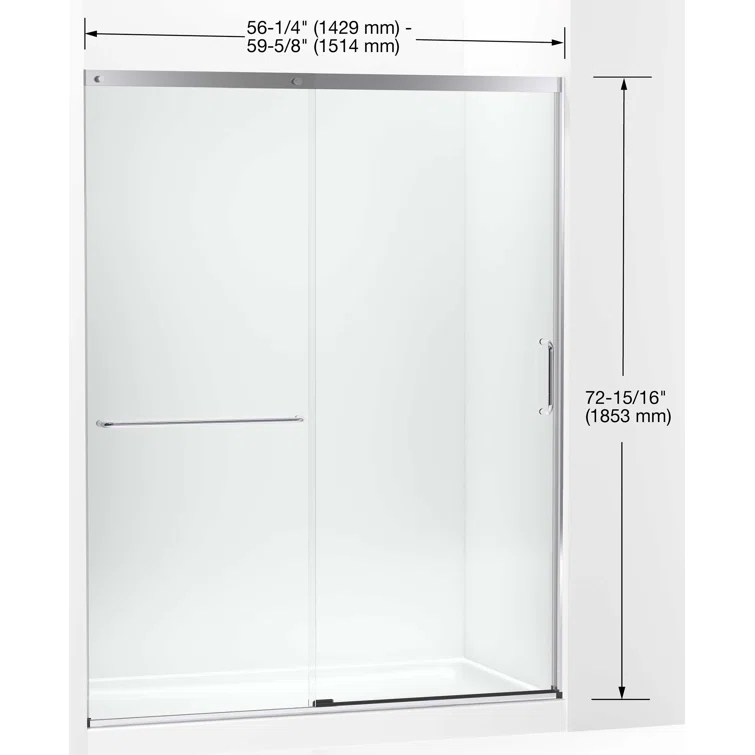 Elate Tall Sliding Shower Door, 75-1/2-In H X 56-1/4 - 59-5/8-In W, With Heavy 5/16-In Thick Crystal Clear Glass