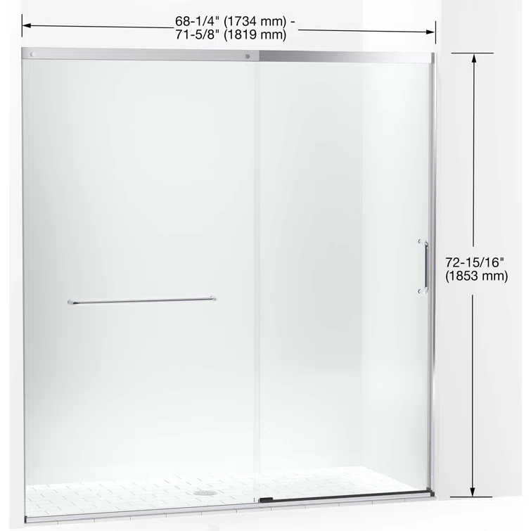 Sliding Shower Door, 75-1/2-In H X 68-1/4 - 71-5/8-In W, With Heavy 5/16-In Thick Crystal Clear Glass
