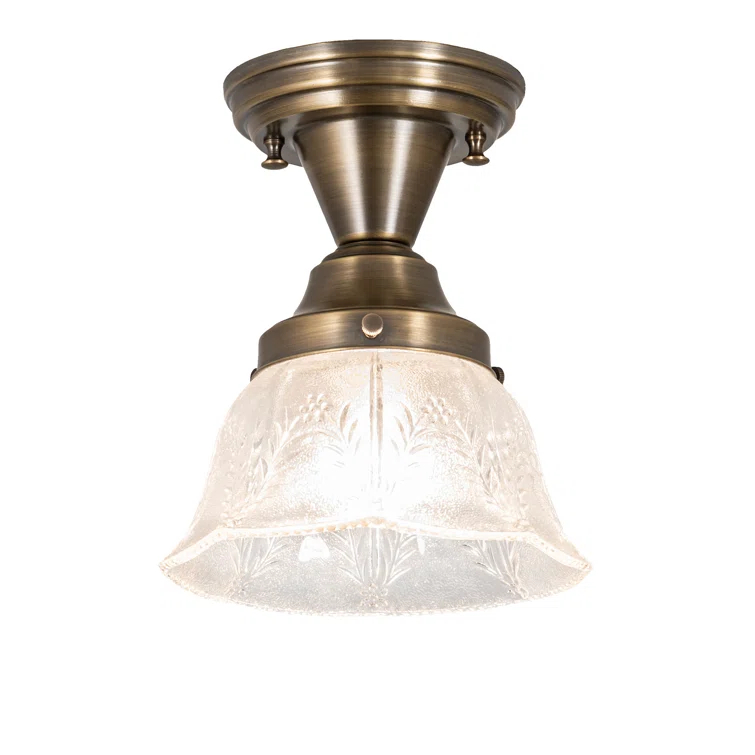 Antique Brass & Clear Glass Single-Light Semi-Flush Mount