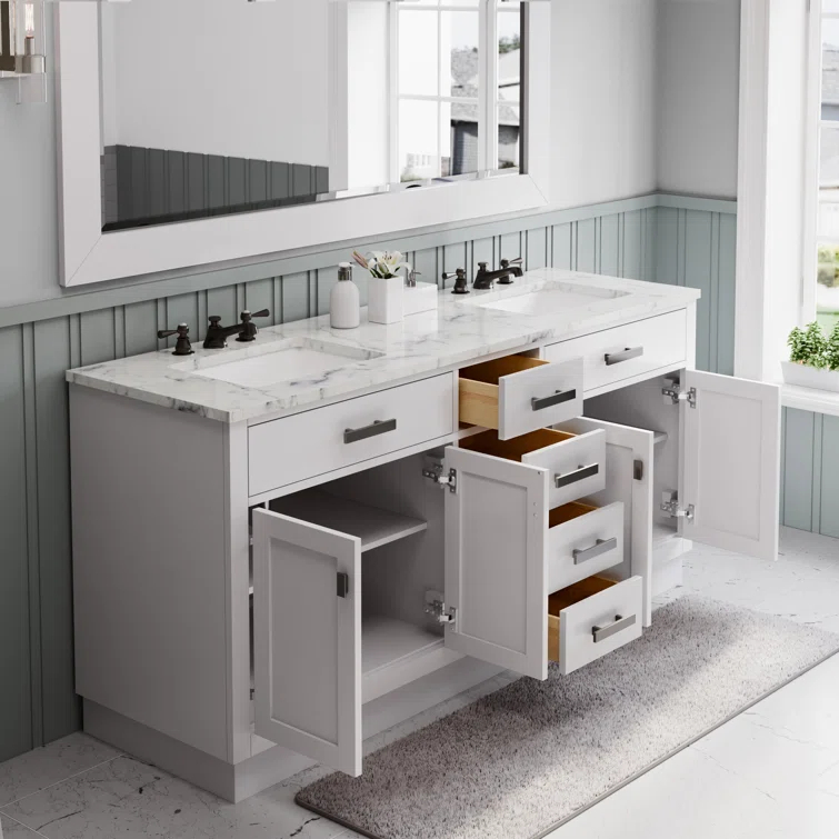 Hartford 72" Carrara White Marble Countertop Bath Vanity in Pure White with Faucet