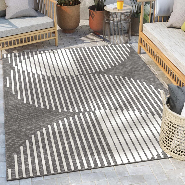 Marshanna Alder Modern Stripes Indoor/Outdoor Ivory Grey Flat-Weave Rug