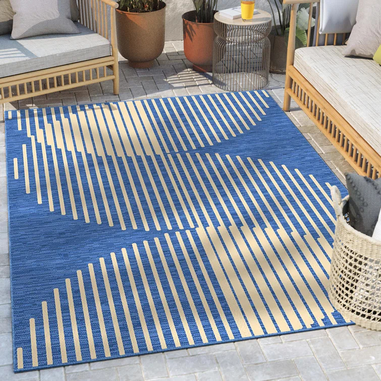 Marshanna Alder Modern Stripes Indoor/Outdoor Blue Flat-Weave Rug