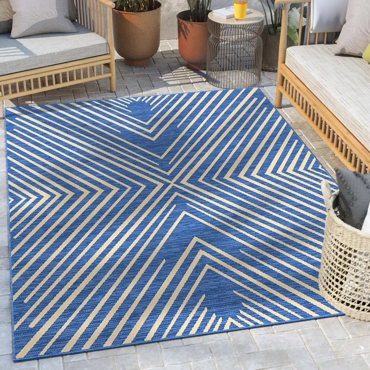 Marshanna Kesia Modern Stripes Indoor/Outdoor Blue Flat-Weave Rug