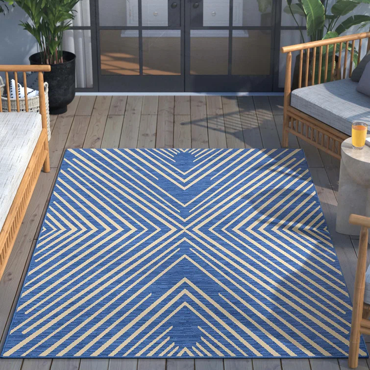 Marshanna Kesia Modern Stripes Indoor/Outdoor Blue Flat-Weave Rug