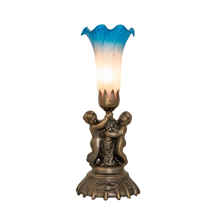 Meyda Lighting 13" High Pink/Blue Tiffany Pond Lily Twin Cherub Accent Lamp