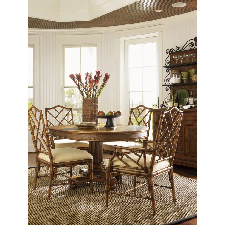 Beige Leather Wrapped Bamboo Arm Chair with Geometric Design