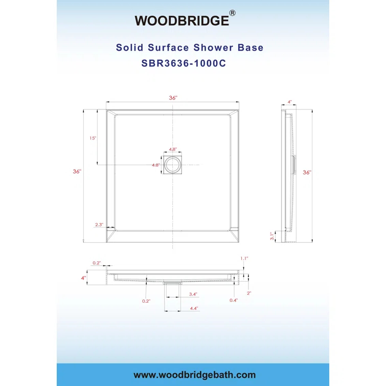 36" Solid Surface Square Single Threshold Shower Pan Base with Drain Assembly & Drain Cover Included, Non-Slip