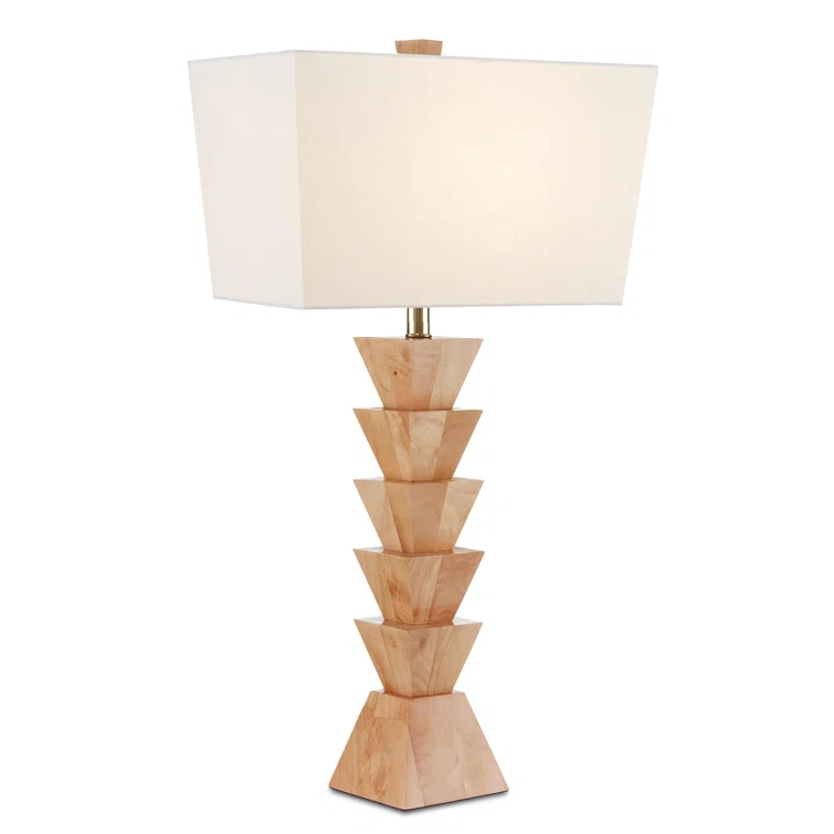 Natural Wood Geometric Table Lamp with Off-White Linen Shade