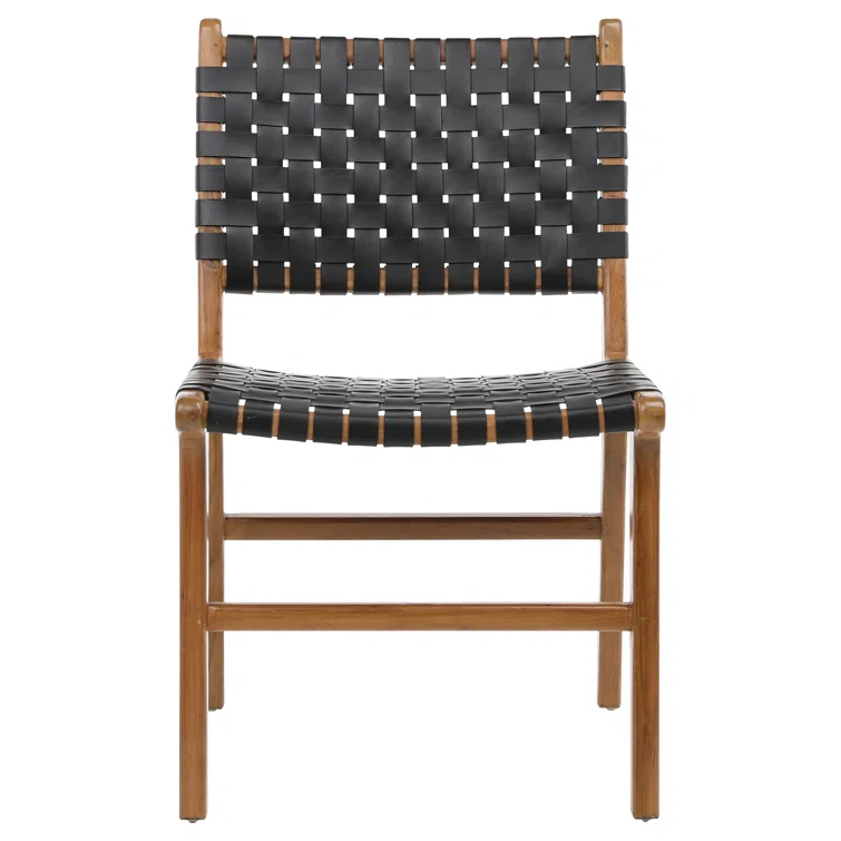 Valeria Top Grain Woven Leather with Teak Frame Dining Side Chair