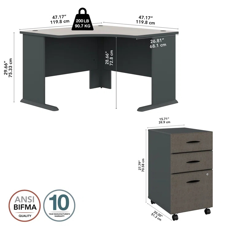 Series A L-Shape Executive Desk with 3 Drawer Mobile Pedestal